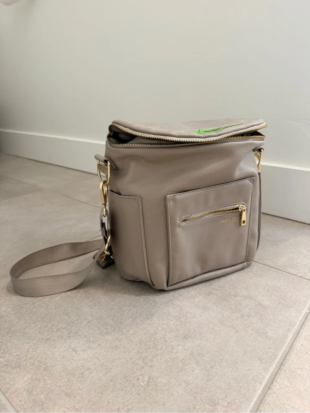 Fawn Design Taupe Pebbled Leather Crossbody with Gold Hardware